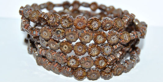 Table Cut Round Beads Hawaii Flowers, Mix Brown Crystal Picasso (16617-43400), Glass, Czech Republic