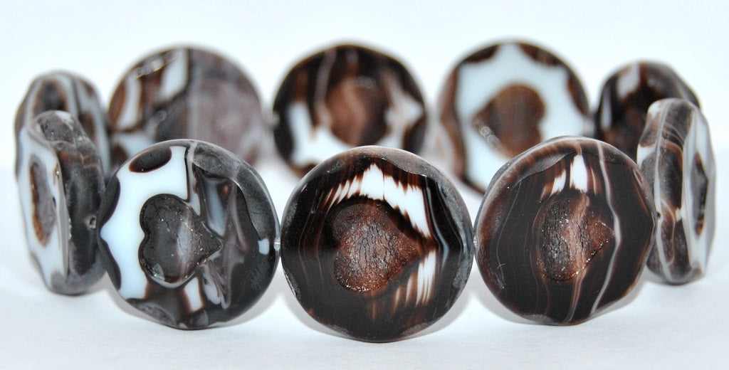 Table Cut Round Beads With Heart,Brown White Stripes (15016), Glass, Czech Republic