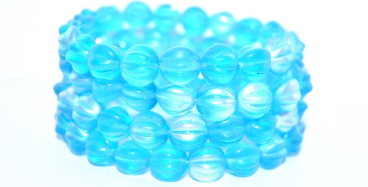 Melon Round Pressed Glass Beads With Stripes, Transparent Aqua Ab (60020-AB), Glass, Czech Republic