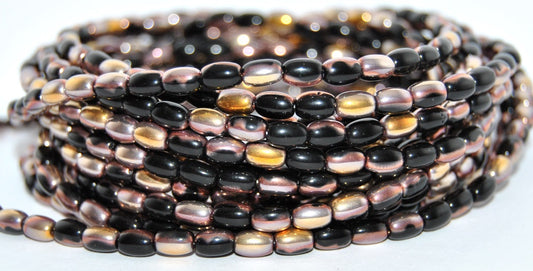 Olive Oval Pressed Glass Beads, Black Rose Gold Capri (23980-27101), Glass, Czech Republic