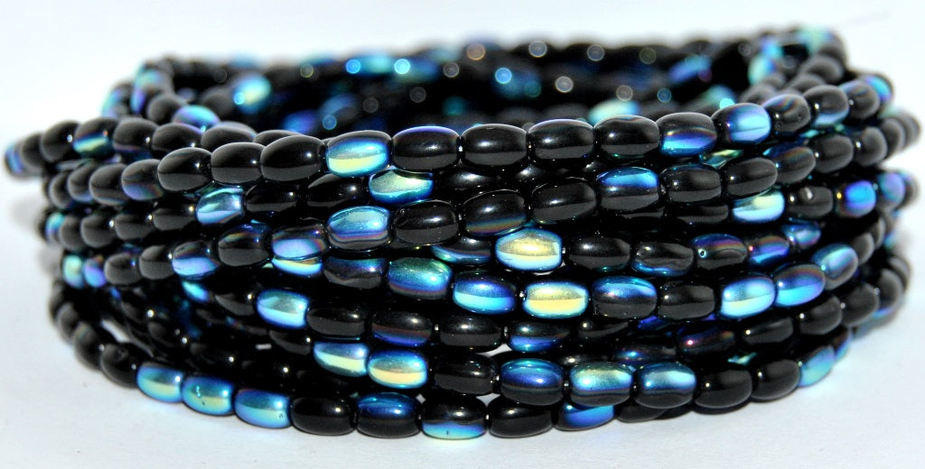 Olive Oval Pressed Glass Beads, Black Ab (23980-AB), Glass, Czech Republic