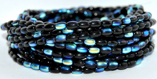 Olive Oval Pressed Glass Beads, Black Ab (23980-AB), Glass, Czech Republic