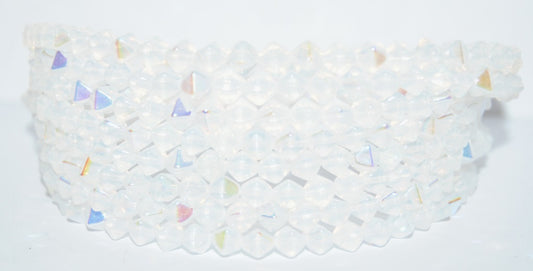 Lantern Bicone Pressed Glass Beads, Opal White Ab (01000-AB), Glass, Czech Republic