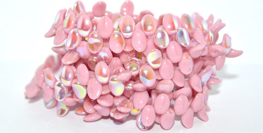 Leaf Tongue Pressed Glass Beads, Opaque Pink Ab (73020-AB), Glass, Czech Republic