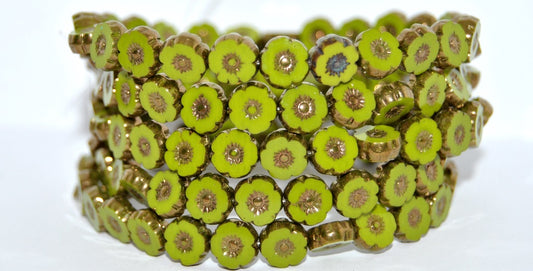 Table Cut Round Beads Hawaii Flowers, Green Bronze (53420-14415), Glass, Czech Republic