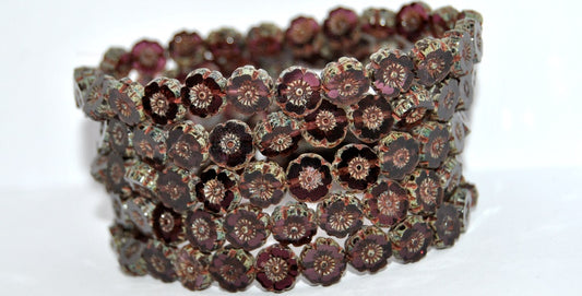 Table Cut Round Beads Hawaii Flowers, Transparent Amethyst Stain Strong (20080-86805), Glass, Czech Republic
