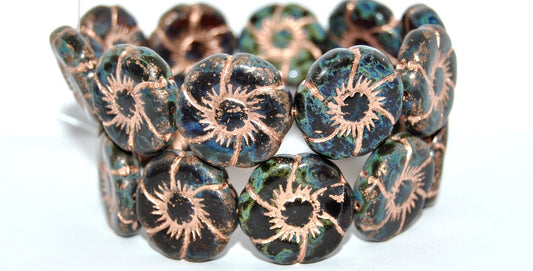 6-Petal Flower Pressed Glass Beads, Transparent Brown Stain Strong Copper Lined (10230-86805-54200), Glass, Czech Republic