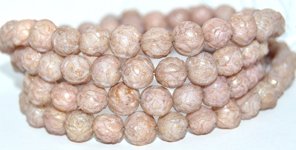 Round Rose Pressed Glass Beads, Pink Antique (PINK-ANTIQUE), Glass, Czech Republic