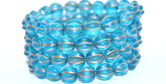 Melon Round Pressed Glass Beads With Stripes, Transparent Aqua Copper Lined (60020-54200), Glass, Czech Republic