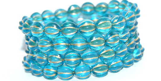 Melon Round Pressed Glass Beads With Stripes, Transparent Aqua Gold Lined (60020-54202), Glass, Czech Republic