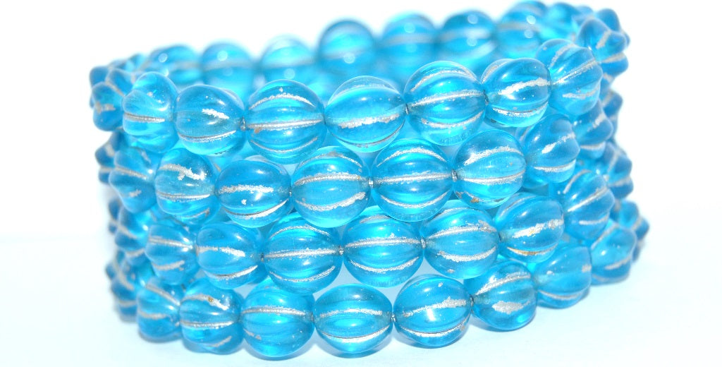 Melon Round Pressed Glass Beads With Stripes, Transparent Aqua Silver Lined (60020-54201), Glass, Czech Republic