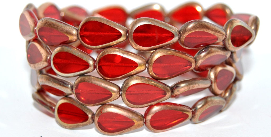 Table Cut Pear Teardrop Beads, Ruby Red Rose Gold Capri 2Xside (90080-27101-2XSIDE), Glass, Czech Republic