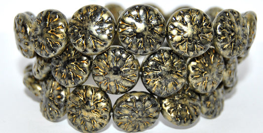 Round Flower Edelweiss Pressed Glass Beads, Black 86720 (23980-86720), Glass, Czech Republic