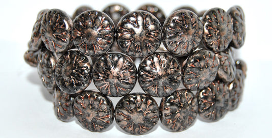 Round Flower Edelweiss Pressed Glass Beads, Black 86750 (23980-86750), Glass, Czech Republic