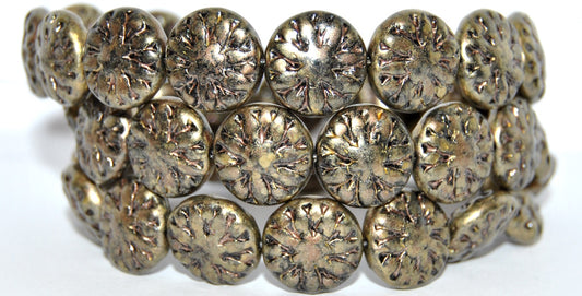 Round Flower Edelweiss Pressed Glass Beads, Black 86780 (23980-86780), Glass, Czech Republic