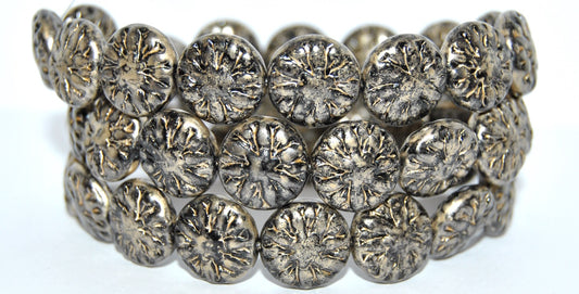 Round Flower Edelweiss Pressed Glass Beads, Black 86710 (23980-86710), Glass, Czech Republic