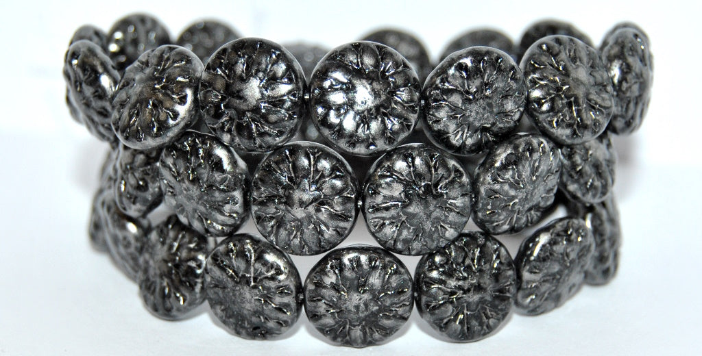 Round Flower Edelweiss Pressed Glass Beads, Black 86790 (23980-86790), Glass, Czech Republic