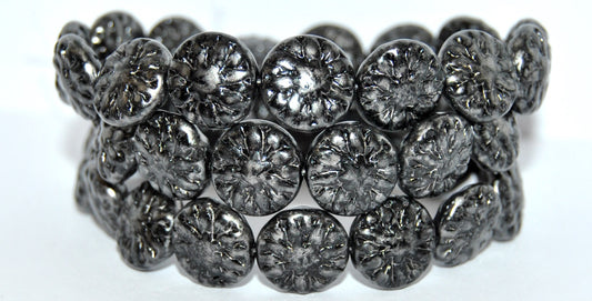 Round Flower Edelweiss Pressed Glass Beads, Black 86790 (23980-86790), Glass, Czech Republic