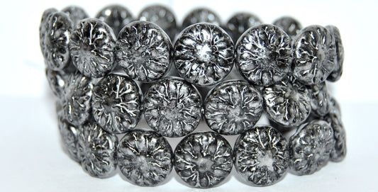 Round Flower Edelweiss Pressed Glass Beads, Black 86700 (23980-86700), Glass, Czech Republic