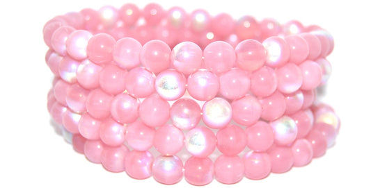 Round Pressed Glass Beads Druck, Opal Pink Ab (71010-AB), Glass, Czech Republic