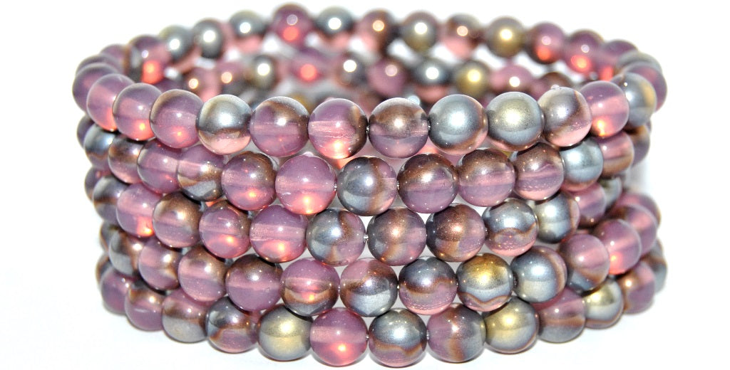 Round Pressed Glass Beads Druck, Opal Pink Rose Gold Capri (71010-27101), Glass, Czech Republic