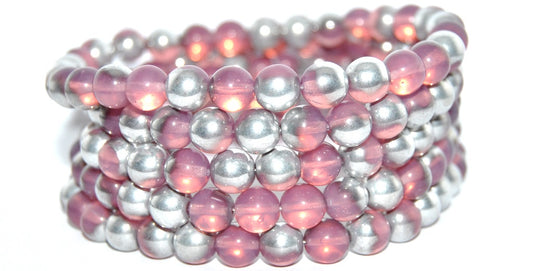 Round Pressed Glass Beads Druck, Opal Pink Crystal Silver Half Coating (71010-27001), Glass, Czech Republic