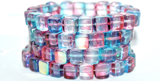 Cube Pressed Glass Beads, Pre59007 87 Crystal Glossy Red Blue (PRE59007-87-00030-48113), Glass, Czech Republic