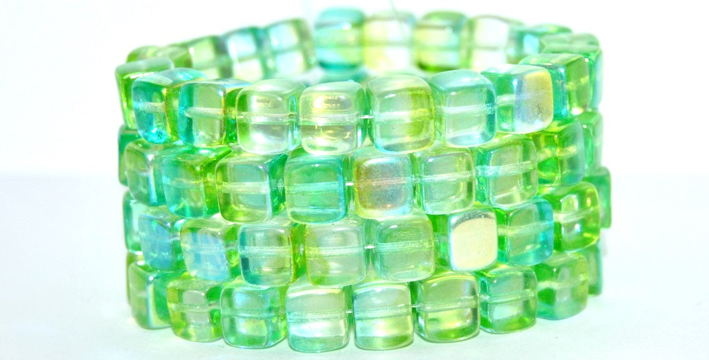 Cube Pressed Glass Beads, Pre59007 87 Crystal Glossy Green Yellow (PRE59007-87-00030-48110), Glass, Czech Republic
