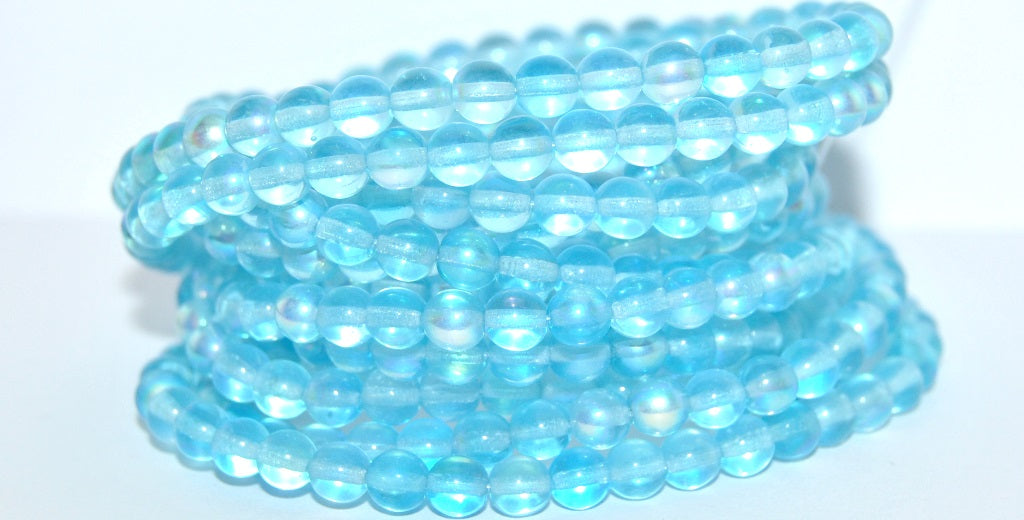 Round Pressed Glass Beads Druck, Transparent Aqua Ab (60020-AB), Glass, Czech Republic