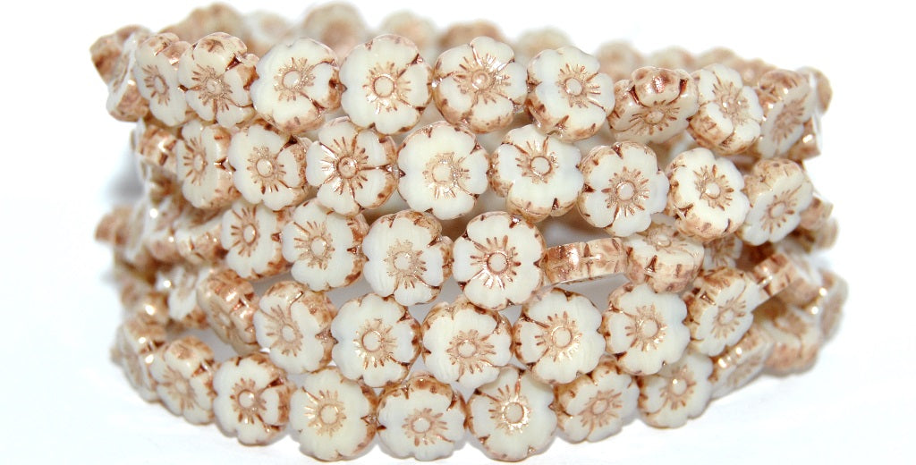 Table Cut Round Beads Hawaii Flowers, Opaque Beige 86750 (13010-86750), Glass, Czech Republic