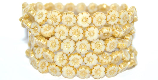 Table Cut Round Beads Hawaii Flowers, Opaque Beige 86710 (13010-86710), Glass, Czech Republic