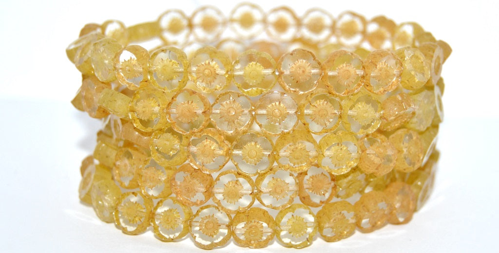 Table Cut Round Beads Hawaii Flowers, Transparent Yellow 84301 (80100-84301), Glass, Czech Republic