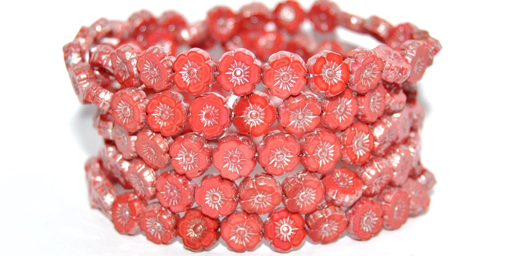 Table Cut Round Beads Hawaii Flowers, Red 86700 (93190-86700), Glass, Czech Republic