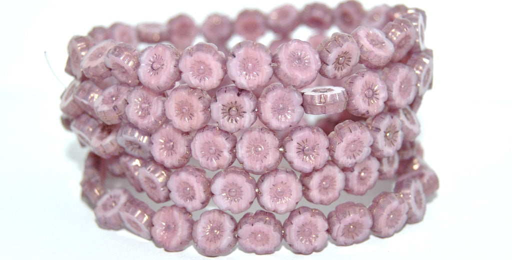 Table Cut Round Beads Hawaii Flowers, Opaque Pink Bronze L (76016-14415-L), Glass, Czech Republic