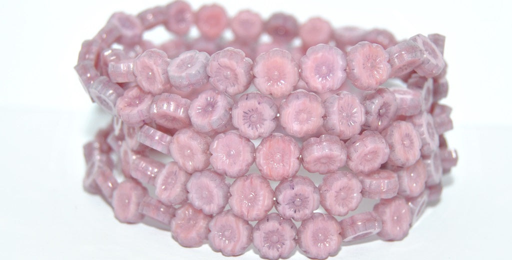 Table Cut Round Beads Hawaii Flowers, Opaque Pink 14494B (76016-14494B), Glass, Czech Republic