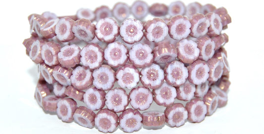 Table Cut Round Beads Hawaii Flowers, 24010B Luster Red Full Coated (24010B-14495), Glass, Czech Republic