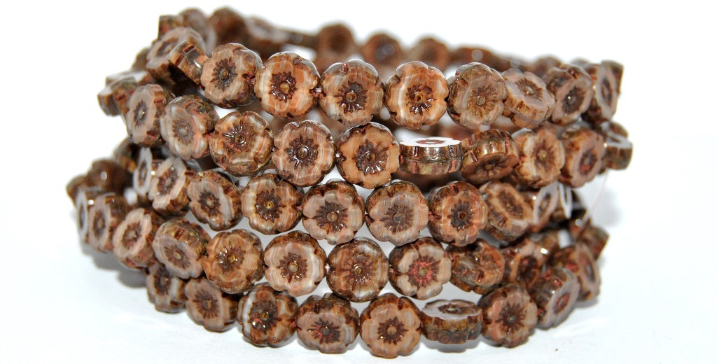 Table Cut Round Beads Hawaii Flowers, Mix Brown Crystal Travertin (16617B-86800), Glass, Czech Republic