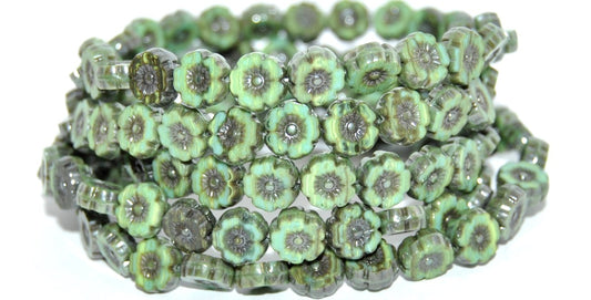 Table Cut Round Beads Hawaii Flowers, 51540201 Hematite (51540201-14400), Glass, Czech Republic