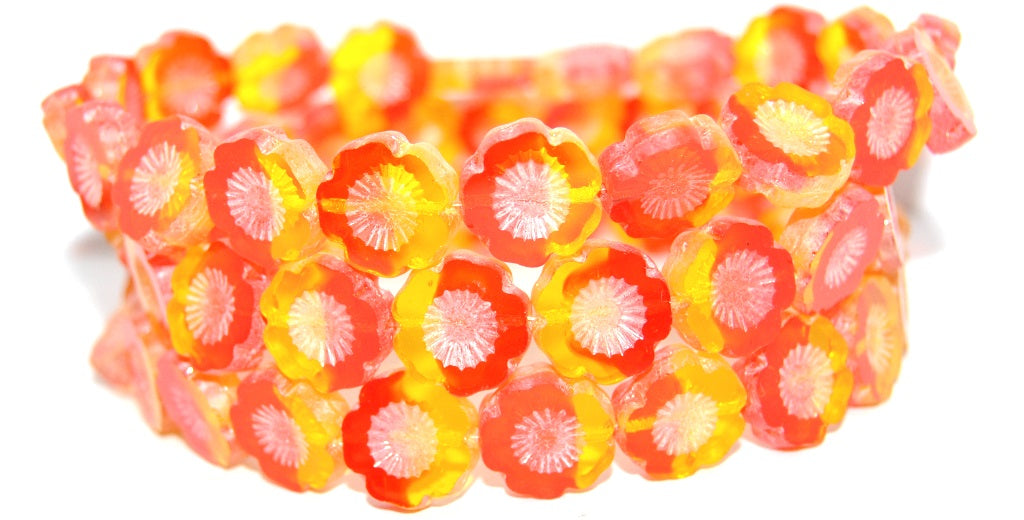 Table Cut Round Beads Hawaii Flowers, Transparent Orange Transparent Yellow Luster Cream (90048002-14401), Glass, Czech Republic