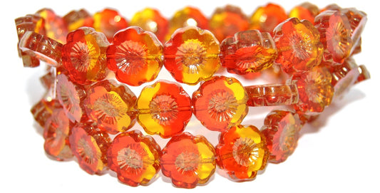 Table Cut Round Beads Hawaii Flowers, Transparent Orange Transparent Yellow Luster Red Full Coated (90048002-14495), Glass, Czech Republic