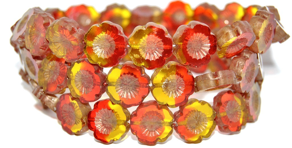 Table Cut Round Beads Hawaii Flowers, Transparent Orange Transparent Yellow Bronze Matte (90048002-14415-M), Glass, Czech Republic