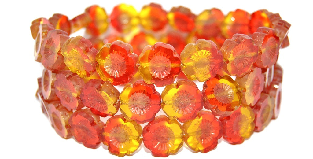 Table Cut Round Beads Hawaii Flowers, Transparent Orange Transparent Yellow Luster Red Full Coated Matte (90048002-14495-M), Glass, Czech Republic