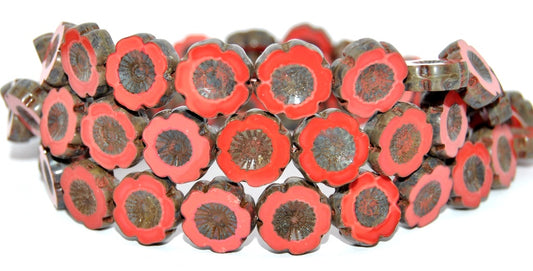 Table Cut Round Beads Hawaii Flowers, Red Travertin (93400C-86800), Glass, Czech Republic