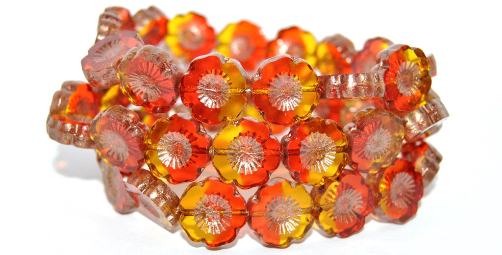 Table Cut Round Beads Hawaii Flowers, Transparent Orange Transparent Yellow 43750 (90048002-43750), Glass, Czech Republic