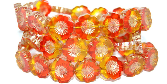 Table Cut Round Beads Hawaii Flowers, Transparent Orange Transparent Yellow 43710 (90048002-43710), Glass, Czech Republic