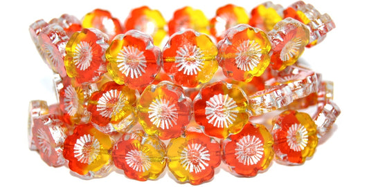 Table Cut Round Beads Hawaii Flowers, Transparent Orange Transparent Yellow 43700 (90048002-43700), Glass, Czech Republic