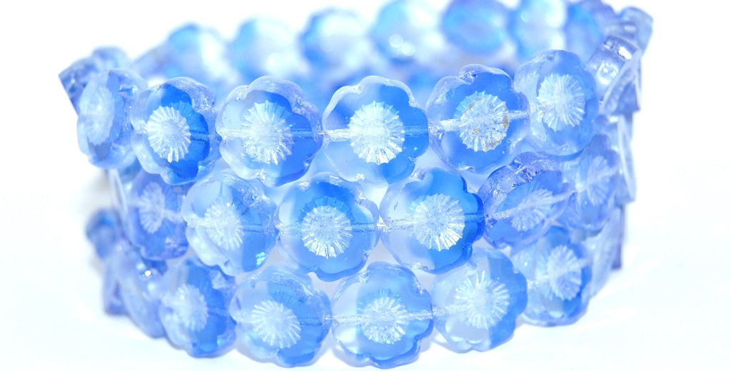 Table Cut Round Beads Hawaii Flowers, Transparent Blue Luster Cream (3001005-14401), Glass, Czech Republic
