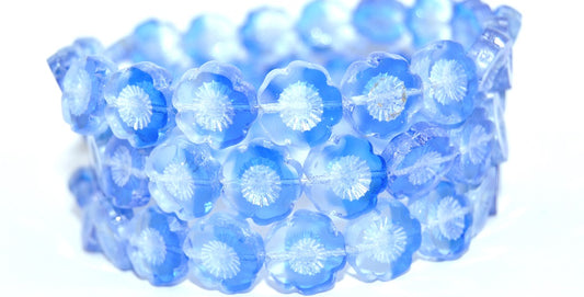 Table Cut Round Beads Hawaii Flowers, Transparent Blue Luster Cream (3001005-14401), Glass, Czech Republic