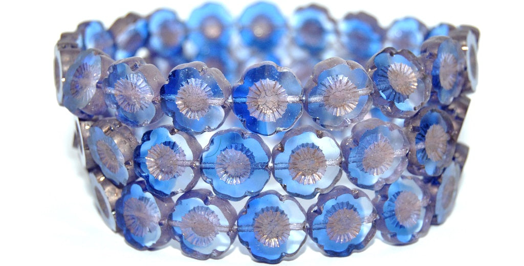 Table Cut Round Beads Hawaii Flowers, Transparent Blue Bronze Matte (3001005-14415-M), Glass, Czech Republic