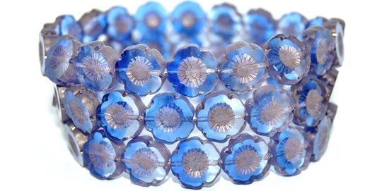 Table Cut Round Beads Hawaii Flowers, Transparent Blue Bronze Matte (3001005-14415-M), Glass, Czech Republic